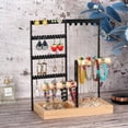 thumbnail image 2 of Organizador de pie, 4 niveles para pendientes con 48 agujeros, 6 ganchos para colgar collares, bandeja organizadora de anillos de 6 filas con soporte de pulsera de madera para reloj de mujer perfume (, 2 of 3