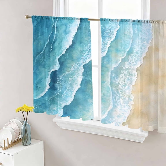 Aqua Coastal Sheer Curtains 45 Inch Length 2 Panels Set, Nautical Summer Beach Ocean Beige Voile Window Treatment Rod Pocket Small Kitchen Curtains Drapes for Bedroom 52"x45"x2
