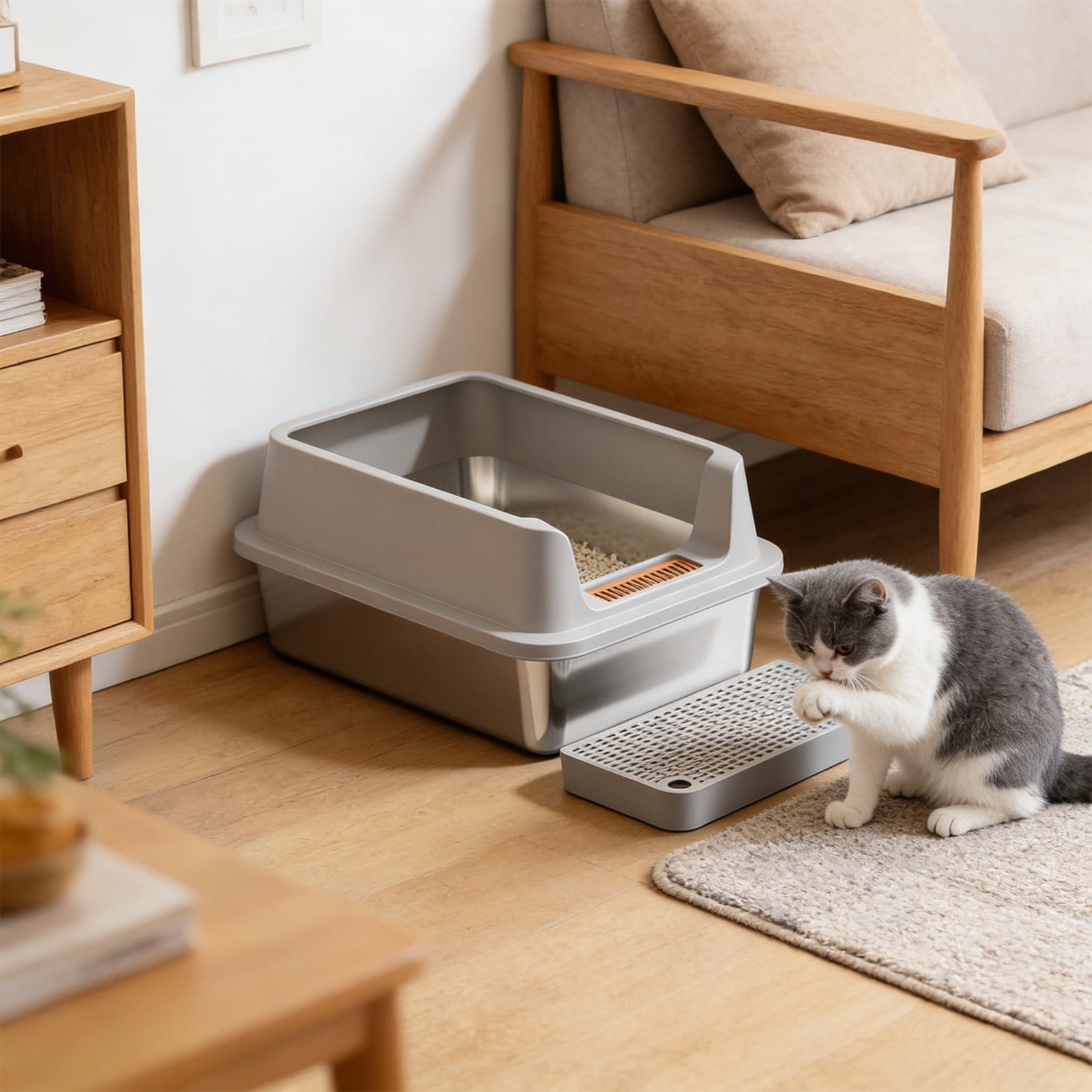 Stainless Steel High Sided Litter Box, Large Open Top Cat Litter Pan with Step Platform, Odor Resistant & Easy Clean, Non-Slip Kitty Tray with Scoop for Small & Large Cats