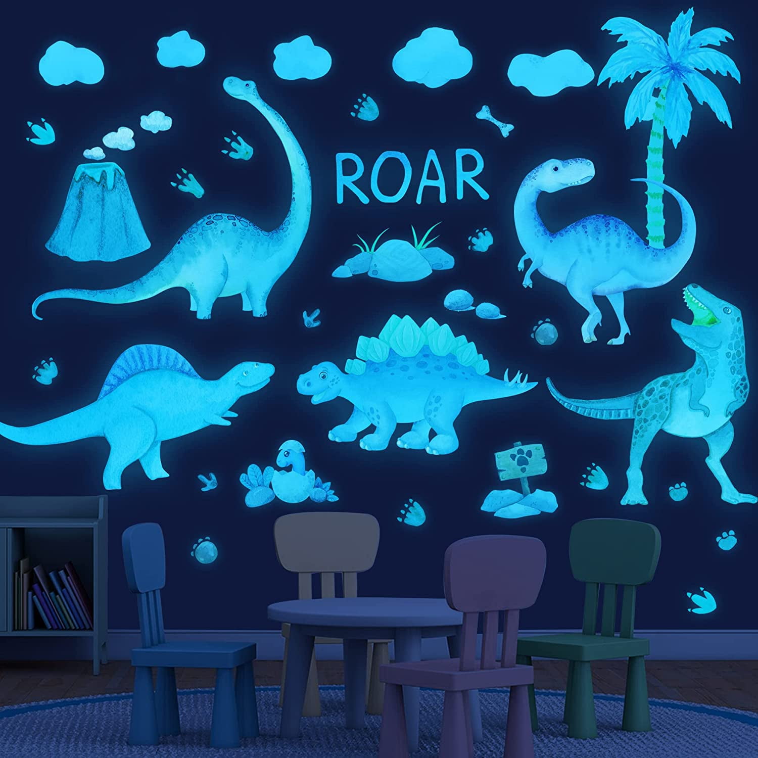 Glow in The Dark Dinosaur Wall Decals, Glowing Stickers for Ceiling, Boys Bedroom Decoration, Large Luminous Removable Dinosaur Wall Decor for Nursery Birthday Gift