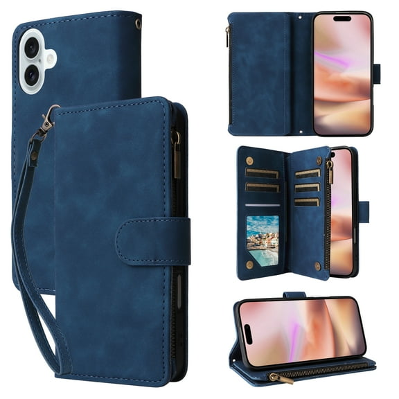 for iPhone 16 Wallet Case with Card Holder & Zipper Pocket, PU Leather Flip Cover with Kickstand Magnetic Closure Shockproof Full Protection, Wrist Strap & Crossbody Shoulder Strap, Blue