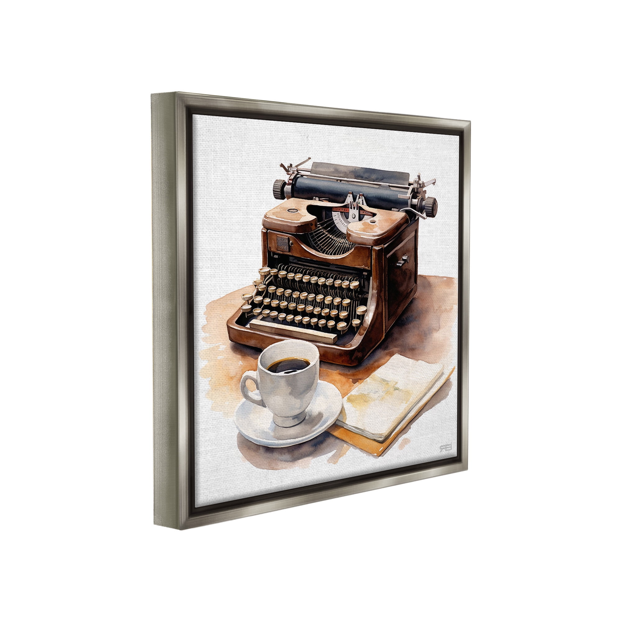 Stupell Industries Typewriter with Coffee Mug Food & Beverage Painting Gray Floater Framed Canvas Art Print Wall Art, 25 x 25