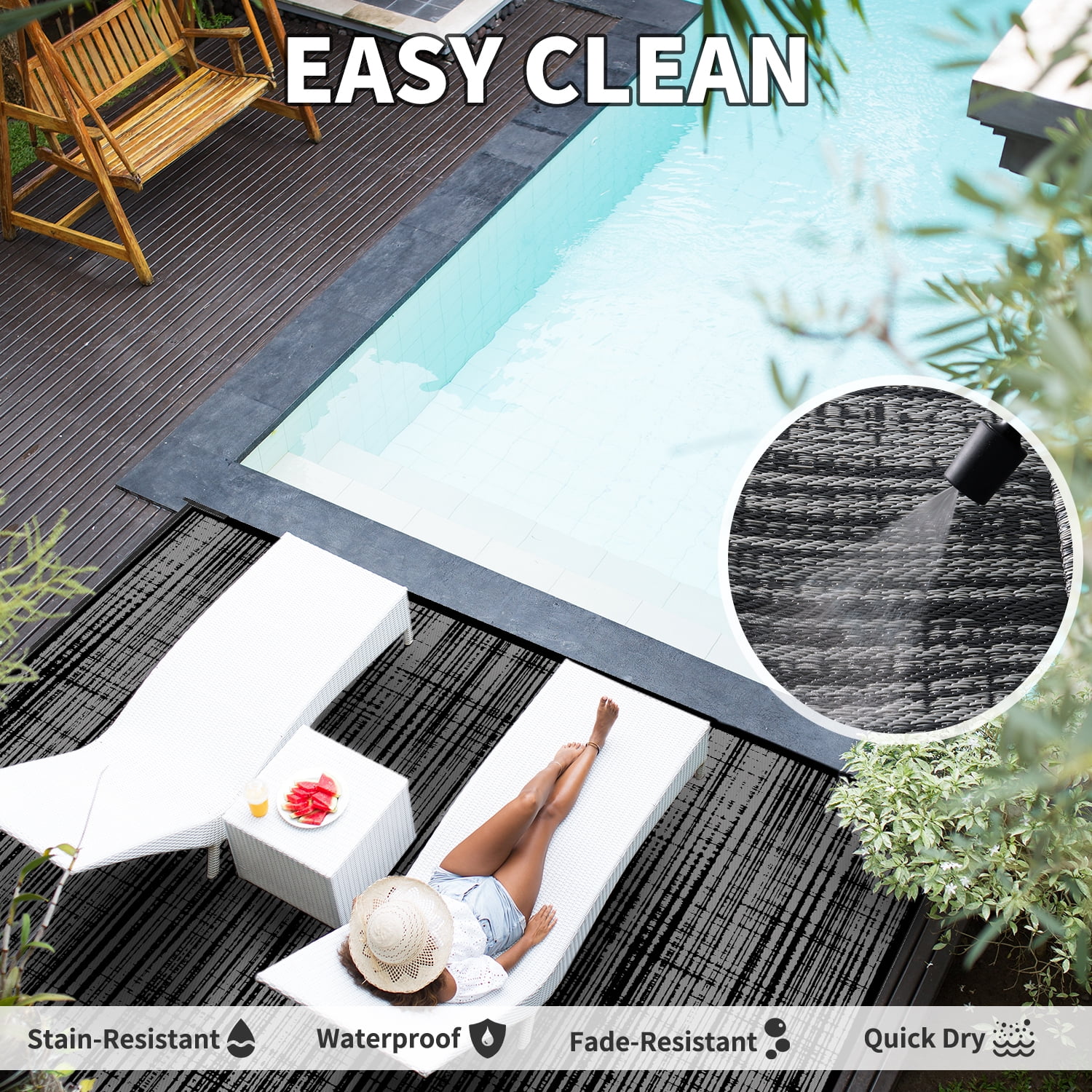 VUNATE Outdoor Rug Carpet 5'x8' Waterproof Reversible Patio Rug Portable Modern Abstract Indoor Outdoor Rug Plastic Straw Rug for RV Camping Garden Picnic Deck Backyard Porch Decor Black and Gray