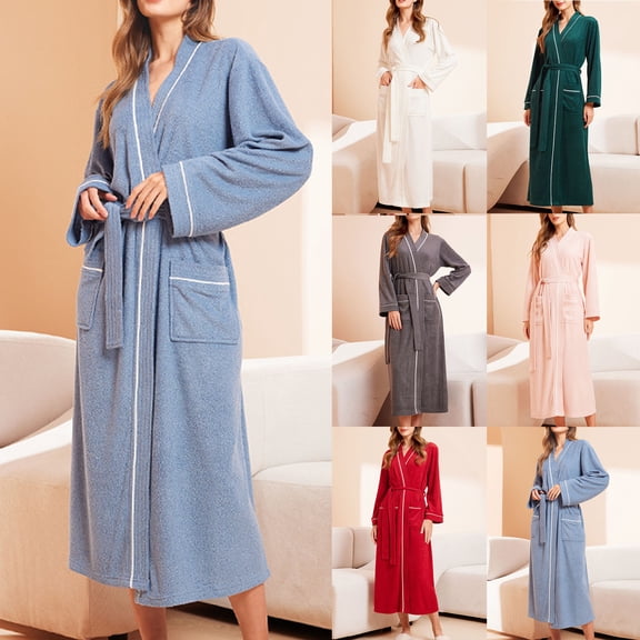 Antinious Plus Size Knit Robes for Women Long sleeve Solid V Neck Bathrobe with Drawstring and Pockets,Robes for Women,Women Pajamas Bathrobes,Dark Gray,M