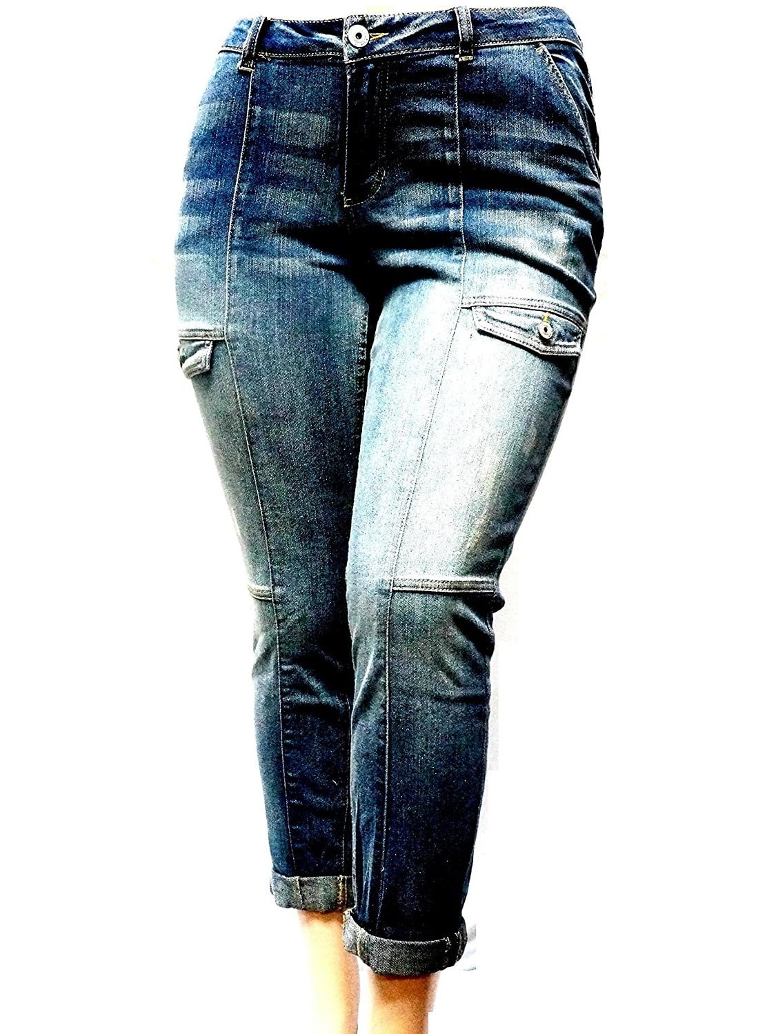 VANILLA STAR Women's Plus Size Stretch Elastic Medium-wash double roll  Cargo Denim Jeans - Walmart.com