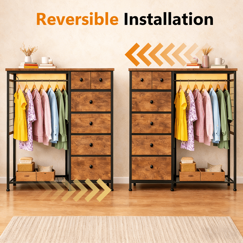 Simple Deluxe Storage Clothes Rack with 6 Drawers, Charging Station & LED Lights, Fabric Chest Shelves Clothing Rack, Wooden Portable Wardrobe Closet, 49.2" W x 15.7" D x 47.2" H, Brown