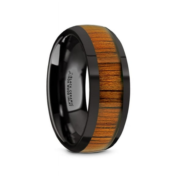 Linden Black Ceramic Polished Finish Mens Domed Wedding Band With Koa Wood Inlay