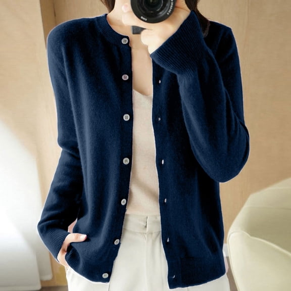 Cardigan Sweaters for Women Knit Button Down Sweater Long Sleeve Casual Crewneck Solid Color Cardigan Knitwear Coat