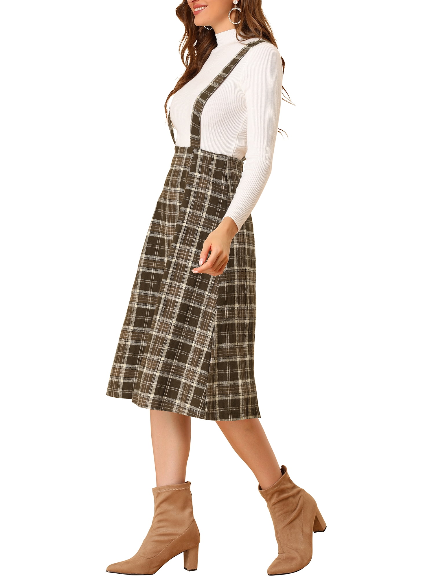 Unique Bargains Junior's Retro Plaid Tartan A-Line Suspender Midi Skirt M Brown Plaid