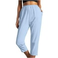 thumbnail image 2 of AWXNJUX Trousers Pants for Women Women's Solid Color Elastic Waist Stitching Straight High Waist Cropped Casual Pants Women Pants Womens Casual Pants Wide Leg Pants (Light Blue,S), 2 of 5