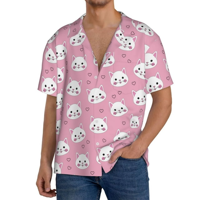 Xecao Cute Cat Pattern Men's Short-Sleeve Cuban Collar Button-Down Shirt with Chest Pocket Lightweight Tropical Vacation Shirt-Small