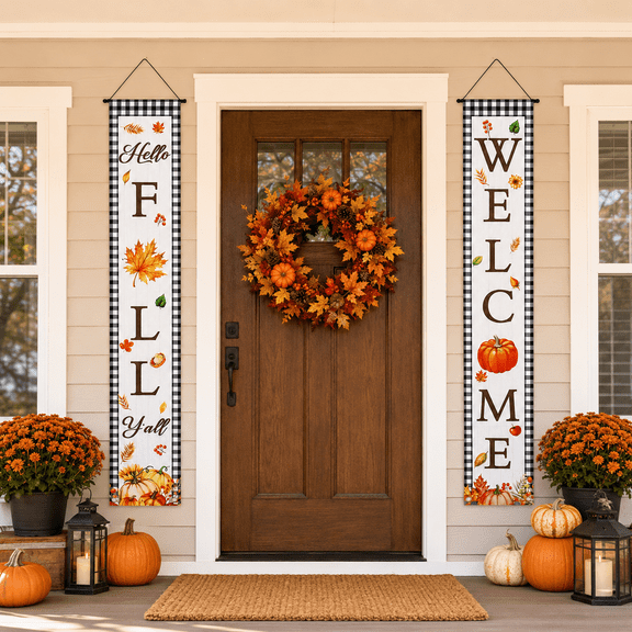 Fall Porch Sign Autumn Decoration for Home Outdoor Thanksgiving Halloween Front Door Porch Decor Pumpkin Maple Leaf Banner for Yard Garden Party Supplies Design 1