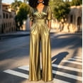 thumbnail image 4 of Ruohan Women's Metallic V-Neck Wide Leg Jumpsuit Party Romper, 4 of 7