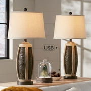 John Timberland Parker Rustic Farmhouse Table Lamps 28 1/2" Tall Set of 2 Hammered Bronze Wood with USB Charging Port Oatmeal Tapered Drum for Bedroom