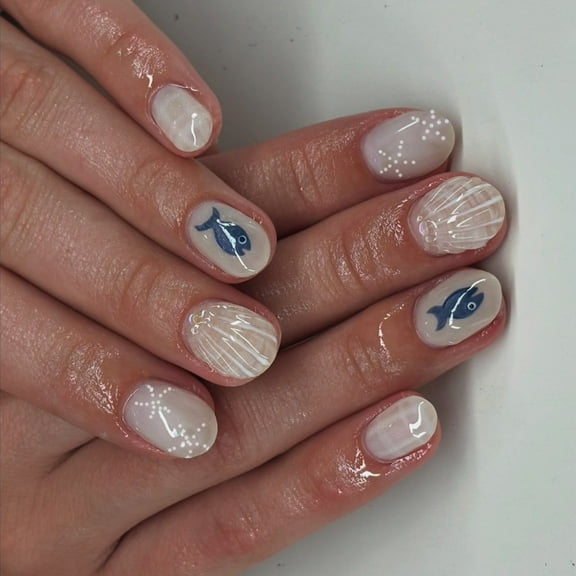 24Pcs Almond Press on Nails Seashells Designs French Fake Nails Acrylic False Nails,Artificial Nails Glues on Nails