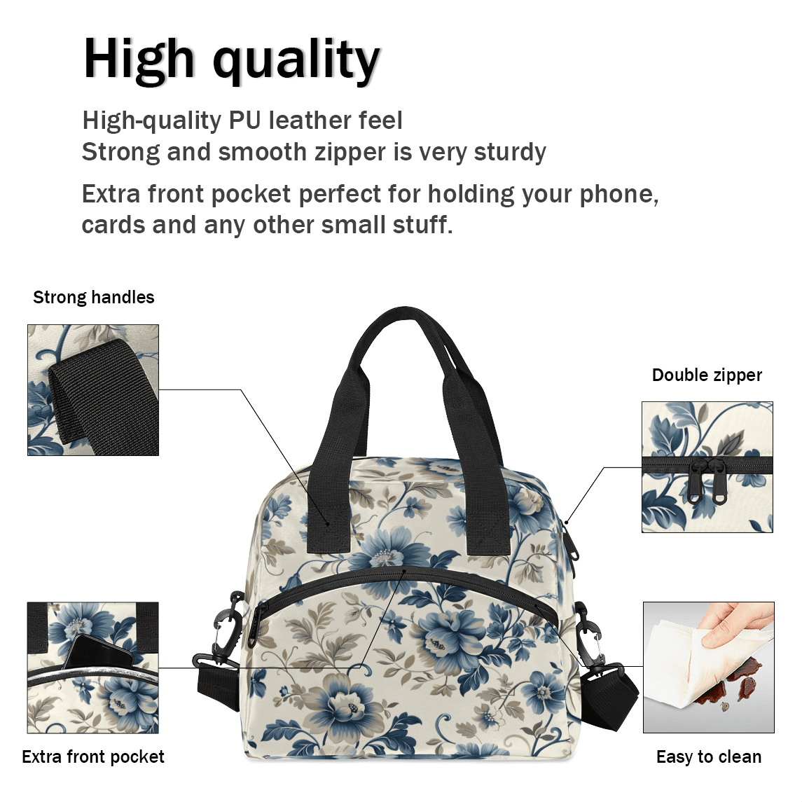 Herdesigns Vintage Floral Insulated Lunch Bag for Women Men Adults Large Reusable Lunch Box Flower Leakproof Cooler Tote Bags with Adjustable Shoulder Strap