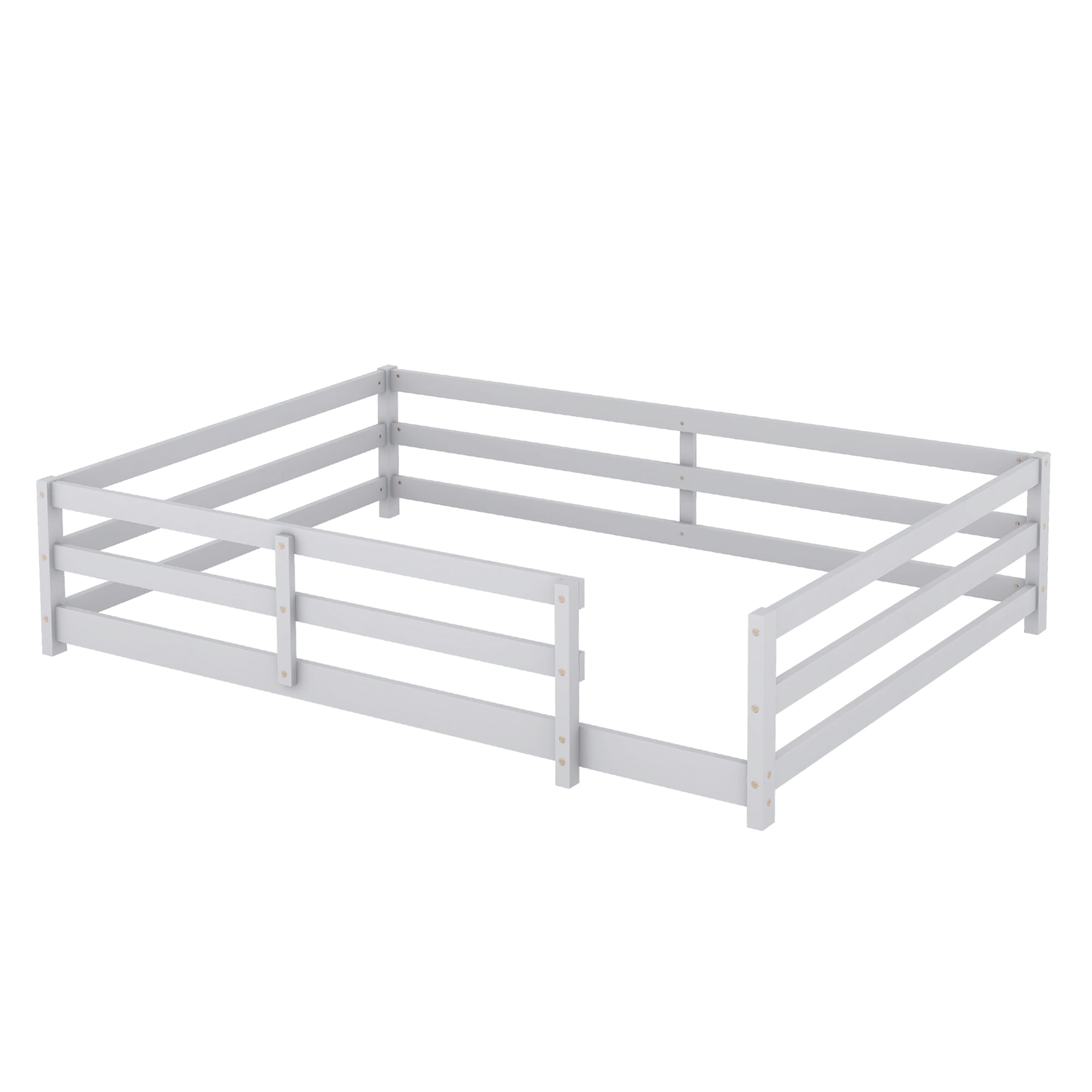 Floor Bed, Full Size Montessori Bed Frame, Wood Floor Bed with Fence and Guardrails, No Box Spring Needed, Grey Wood Finish