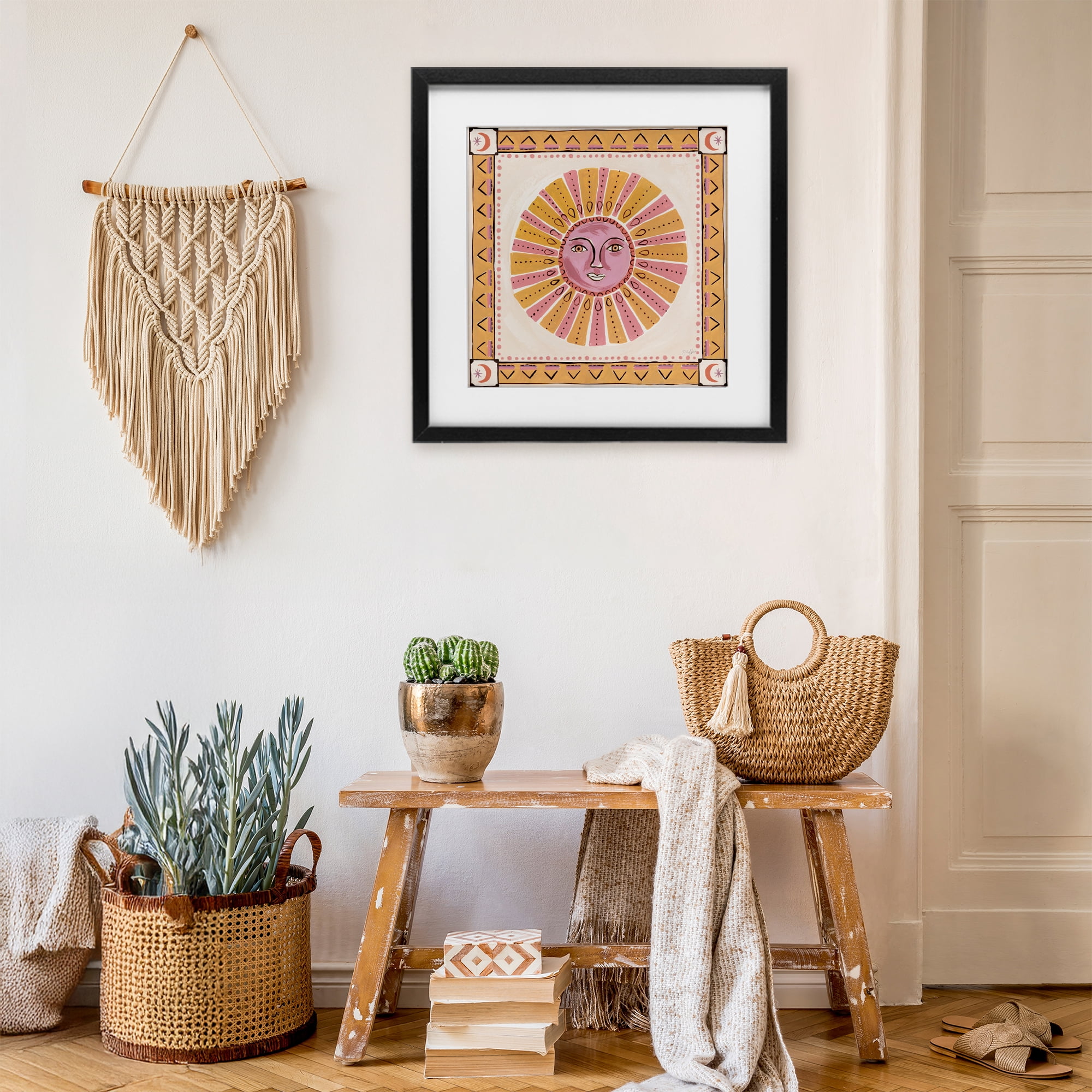 Stupell Industries Pink Sun Face with Geometric Border Black Framed Print Under Glass, design by Two If By Sea Studios