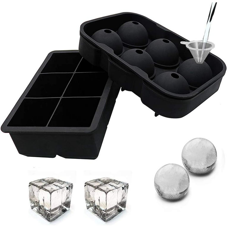 Ice Cube Tray, Large Square Ice Tray and Sphere Ice Ball Maker with Lid for  Whiskey, Reusable and BPA Free (Silicone Ice Cube Molds Set of 2)