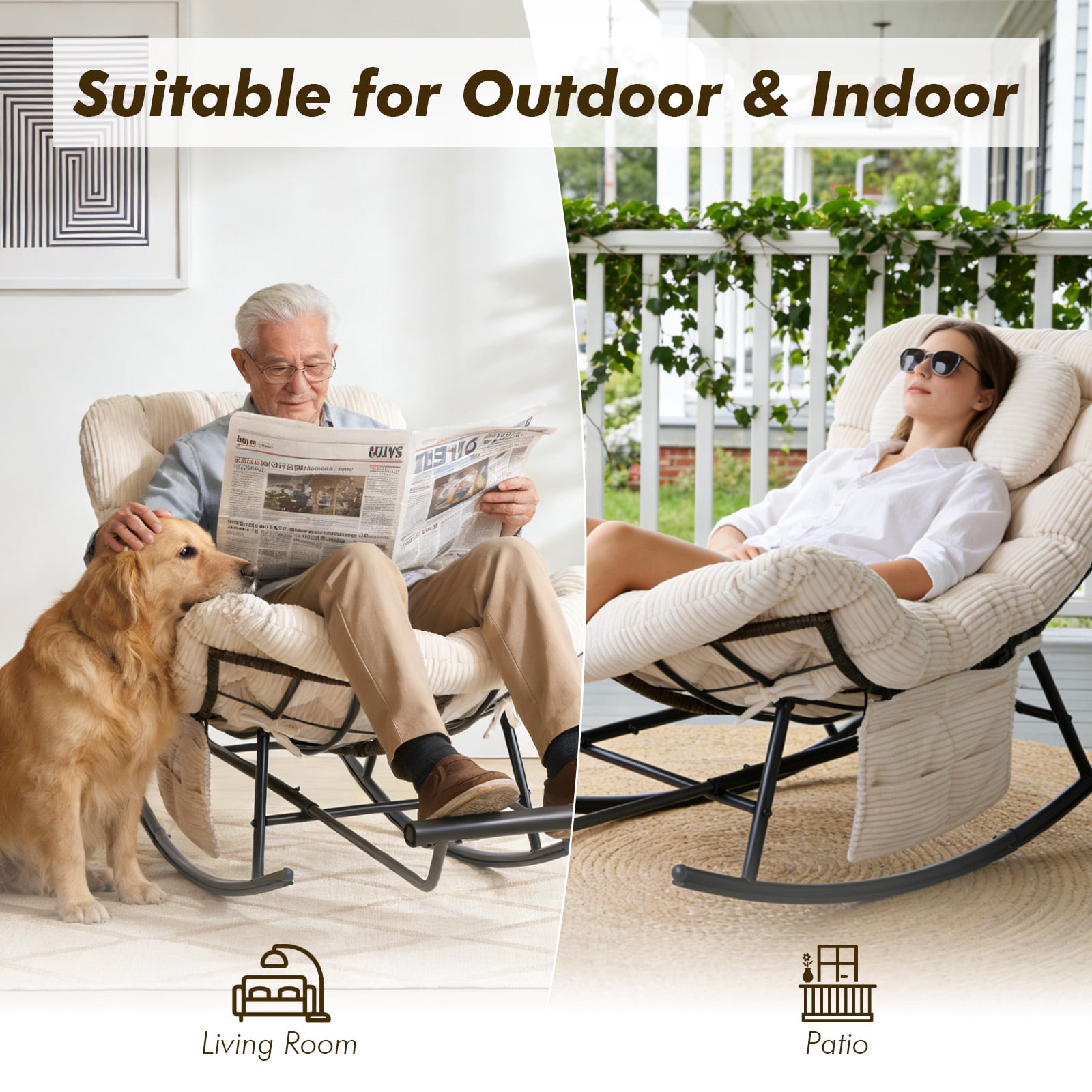 MOONMISS Rocking Chair with Thick Cushion and Footrest,Large Wicker Patio Rocker,Sturdy Steel Frame Lounge for Indoor/Outdoor