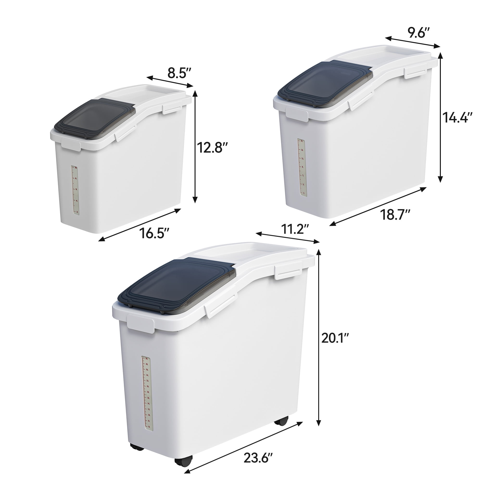 Uforic 20.6 Gal Ingredient Storage Bin(11.4+5.8+3.4 Gal), Commercial Rice Flour Storage Container, 500 Cups Capacity Storage Bins with Wheels, Lid and Scoop, Kitchen Rice Storage Bin, White