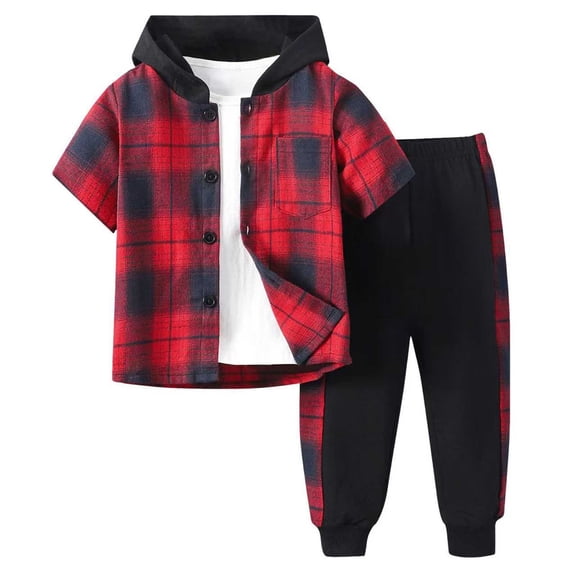 BLVB Boys Clothes Sets Plaid Short Sleeve Hooded Button Shirt and Jogger Pants for Toddler Kids Fall Outfits(Red AA1,7-8Years)
