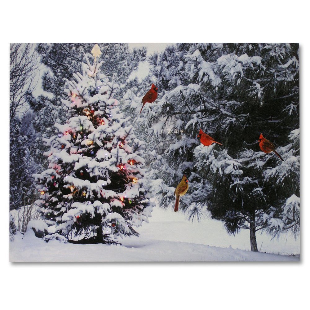 Christmas Tree & Cardinal Birds LED Canvas Print Snowy Winter Forest