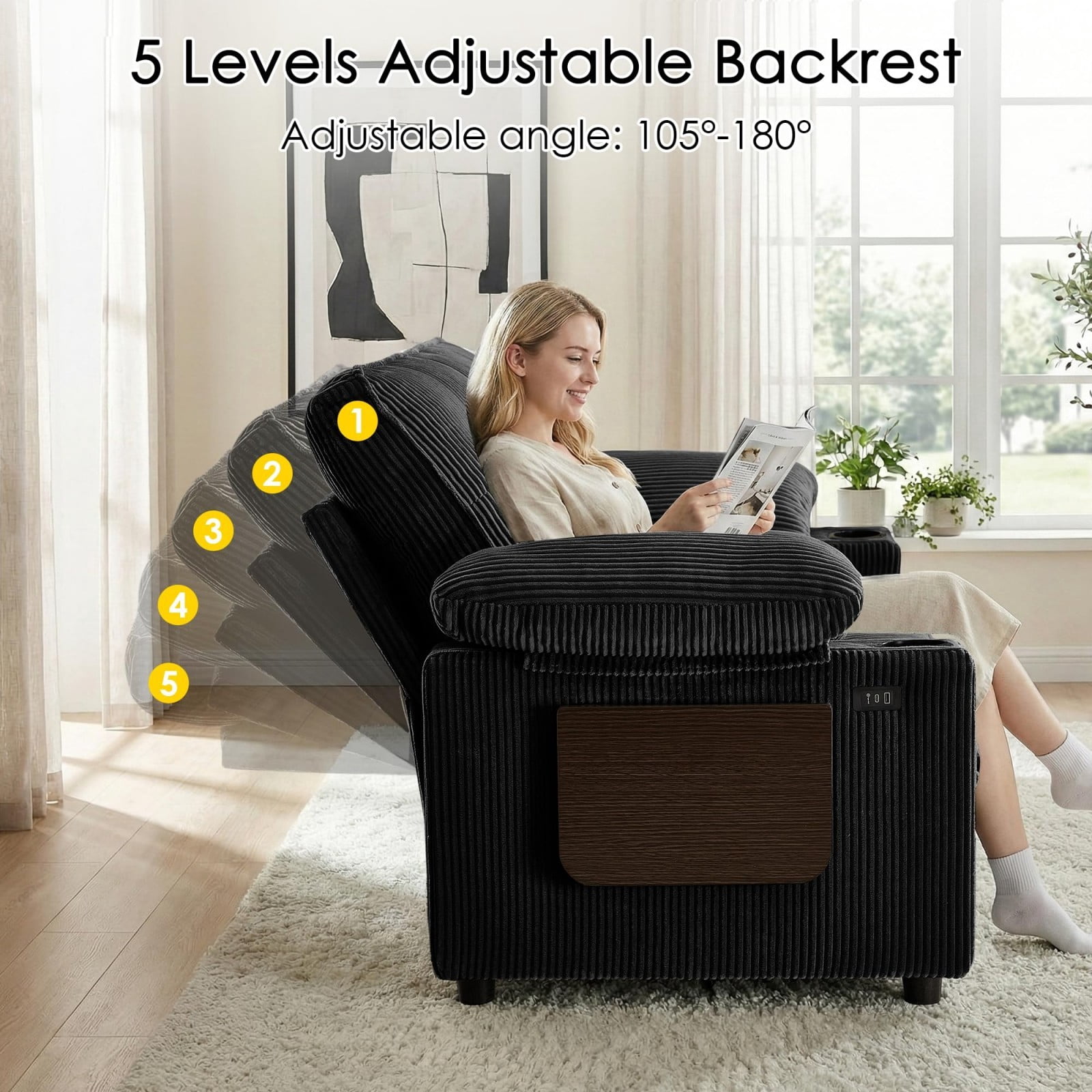 58" Sleeper Sofa Bed, Convertible Pull Out Couch Full Size Loveseat with Corduroy Fabric, USB Charging, Adjustable Backrest for Living Room Apartment Office, Black