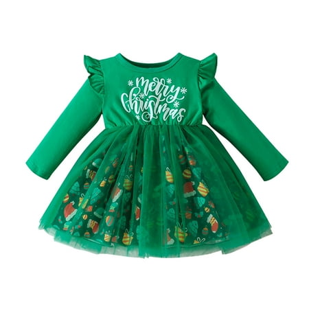 

Quealent Girls Dress Female Big Kid and Dresses Toddler Children Girls Christmas Long Sleeve Letter Cartoon Prints Dresses Tulle Baby (Green 3-4 Years)