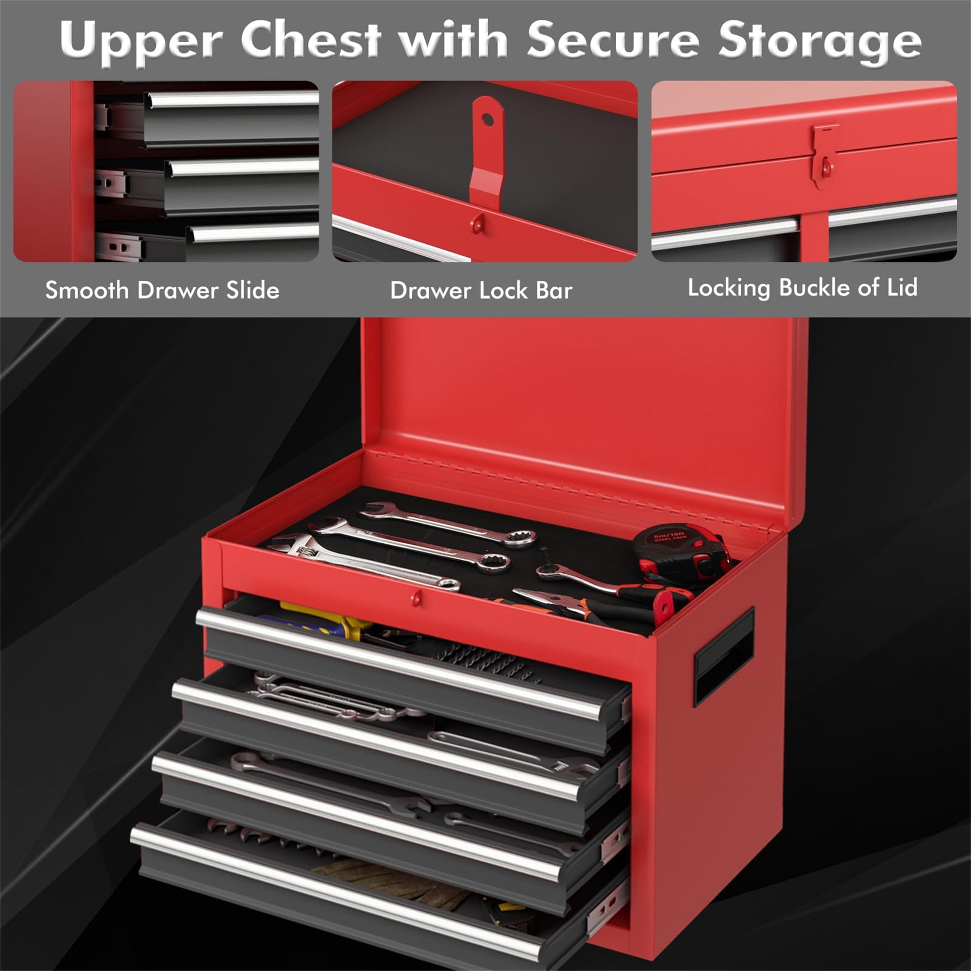Aukfa Tool Box, 2-in-1 Rolling Tool Chest & Cabinet on Wheels for Garage Workshop, 5-Drawer, Red&Black