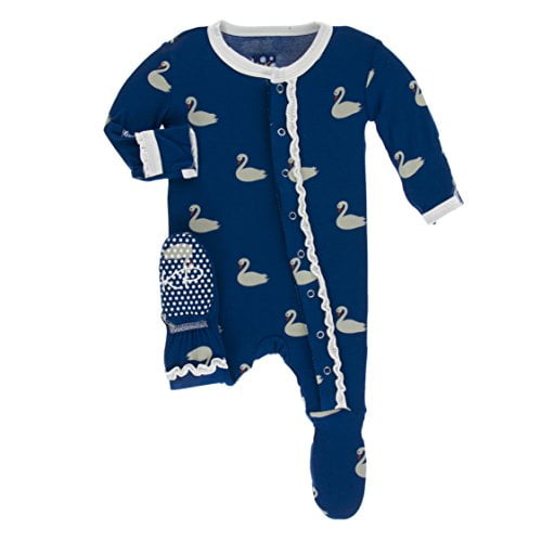 KicKee Pants Little Girls Print Muffin Ruffle Footie with Snaps - Navy Queen s Swans, 6-9 Months
