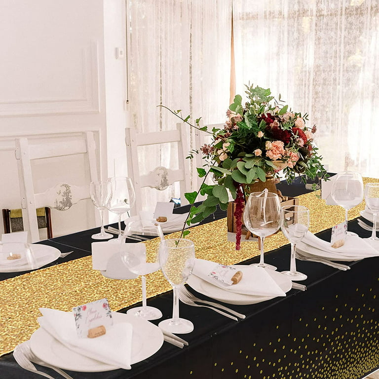 ZOELNIC Tablecloth and Sequin Table Runner Set Polka Dots Table Cover  Dining Plastic Table Cloths Glitter Decorations for Birthday Wedding  Anniversary Party Supplies (Black+Gold) 
