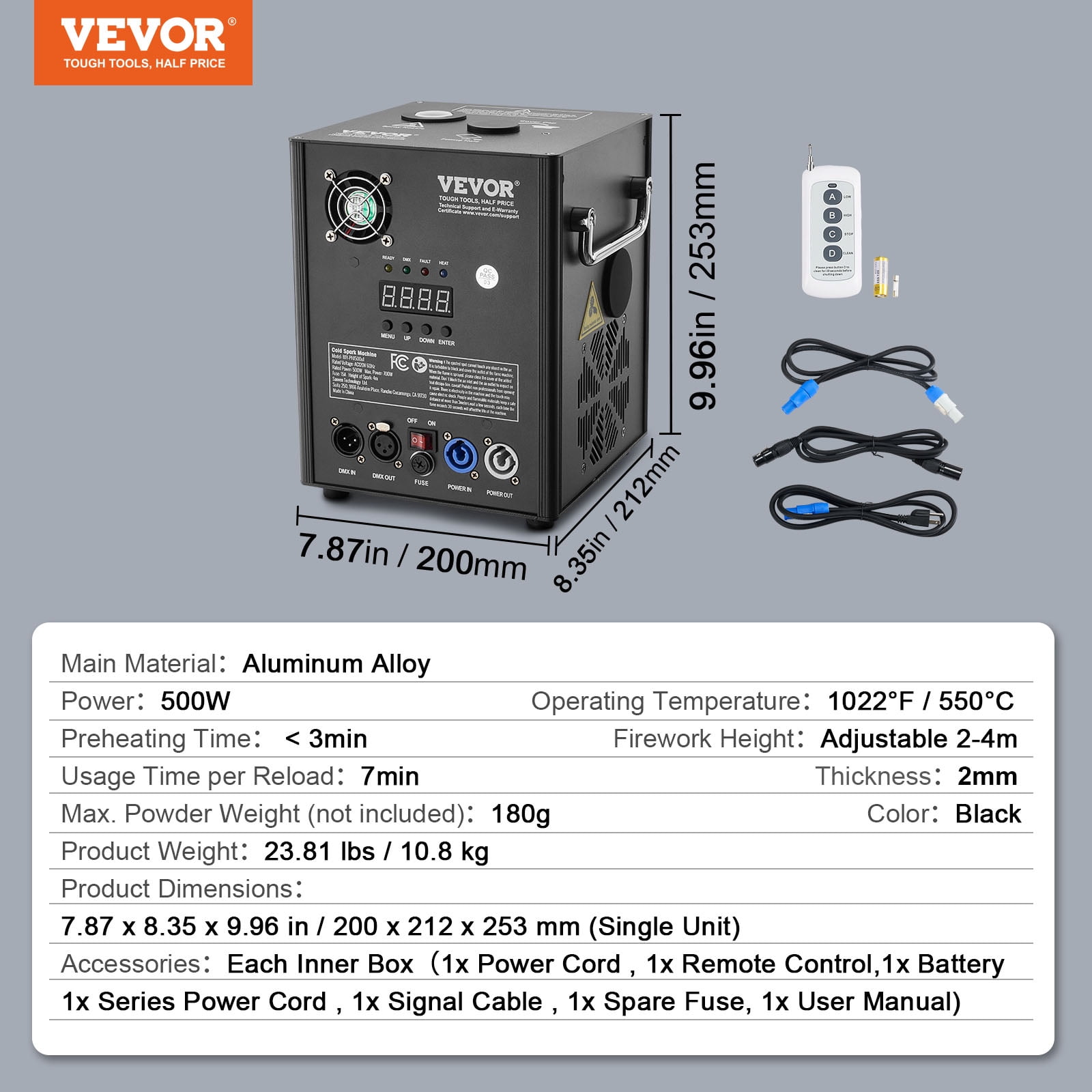 VEVOR Cold Spark Machine, 2 Pack 500W Output Fireworks Controllers, 6.6-13ft Adjustable Height, with Advanced DMX System,LED Screen,Portable Handle, Aluminum Alloy for Stage DJ Wedding Event,Party
