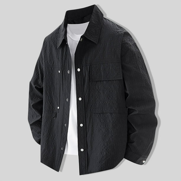 Blusa y camisa de manga larga con cuello vuelto para hombre, moda masculina, fina, color liso, manga larga, cuello, botón, bolsillo, abrigo grande, poliéster, parte superior