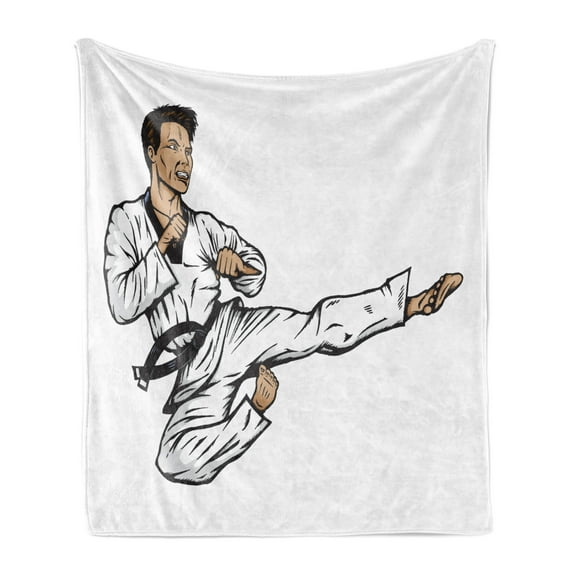 Karate Soft Flannel Fleece Throw Blanket, Senpai with Black Belt Jump Side Kicking Martial Arts Cartoon, Cozy Plush for Indoor and Outdoor Use, 50" x 70", Tan Black, by Ambesonne