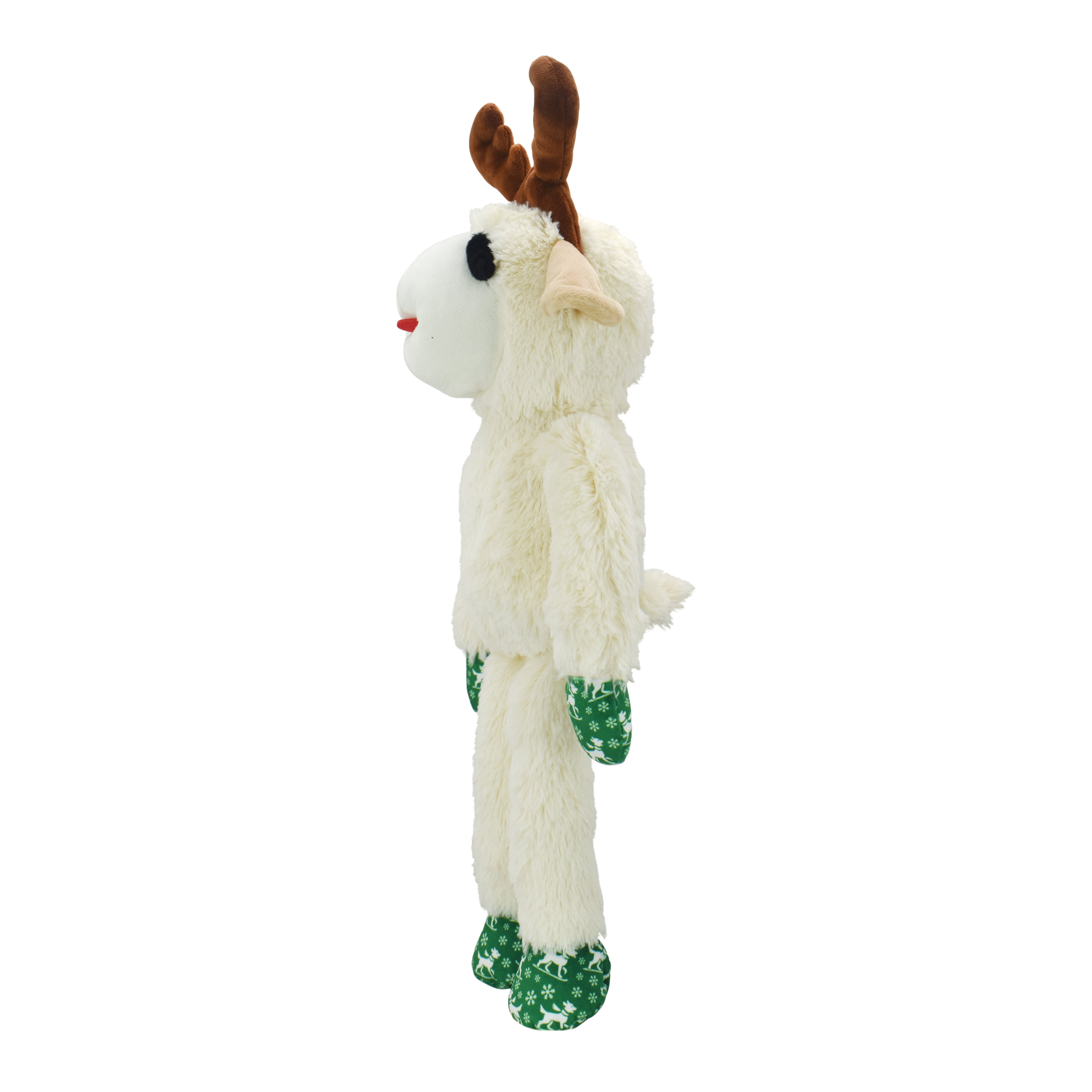 Multipet Plush Jumbo Holiday Lamb Chop Reindeer Dog Toy, Squeaker, Green and White Holiday Pattern Paws with Reindeer Antlers, 21"