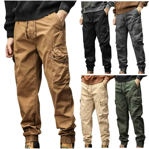 JURANMO Men's Cotton Cargo Pants Solid Color Multi Pockets Hiking Pants Big and Tall Casual Drawstring Trousers with Pockets Deals of the Day Khaki XL