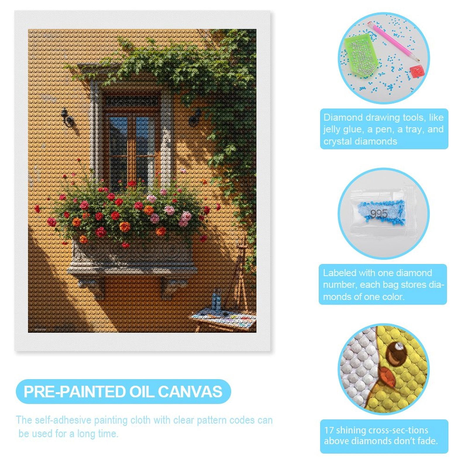 Diamond Art Kits for Adults, Window Flower Box Vibrant Colors 5D Diamond Painting Kits for Adults Beginners, DIY Full Drill Diamond Painting, Gem Art and Crafts 12x16