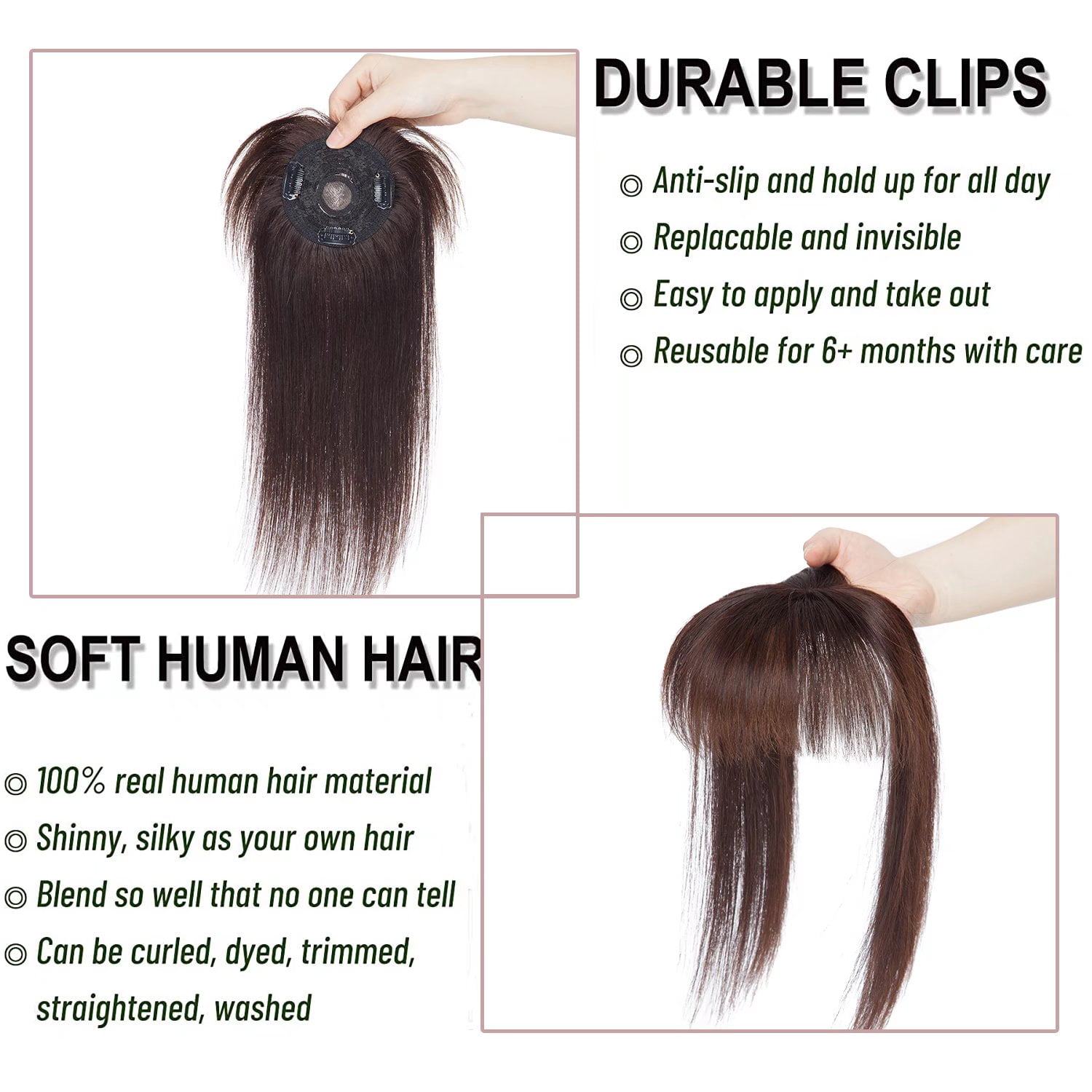 MY-LADY Hair Toppers for Women Real Human Hair with Bangs 3 Clip In Remy Topper Hairpiece for Thin Hair Natural Looking Hair Extensions 14inch #02 Dark Brown