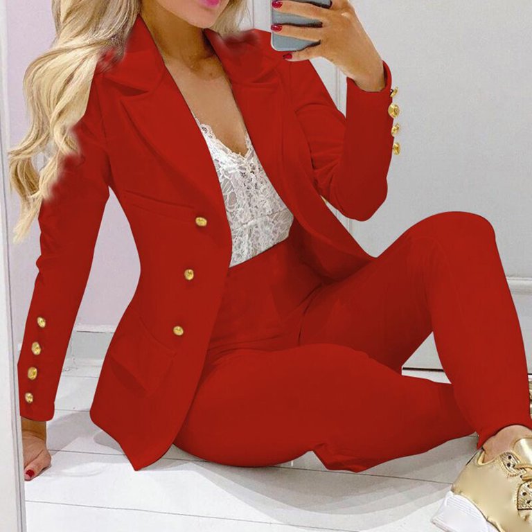 2 Pcs/Set Lady Business Suit Turn-down Collar Solid Color High