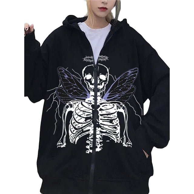 TRKIYQC Mujer Hombre Otoño Sudadera con Capucha, Estampado de Esqueleto con Capucha Manga Larga Sudadera con Cremallera Completa con Bolsillos TRKIYQC moda