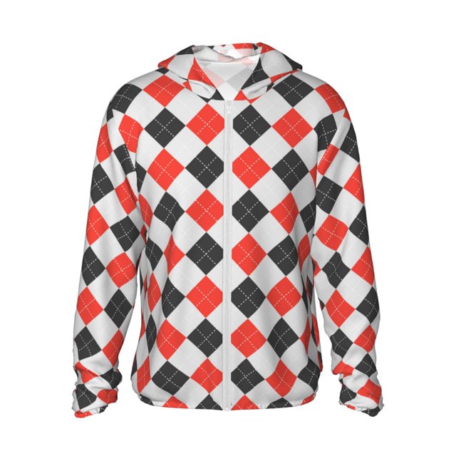 Balery Red and black argyle Sudadera ligera de manga larga con capucha y protección solar UPF 50+ para hombre y mujer, ideal para pesca y running-Medium