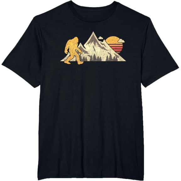 Bigfoot Vintage Mountain Sun Sasquatch Camping Hiking T-ShirtMen's and women's gift, black and white T-shirt, size: Extra large S-4XL