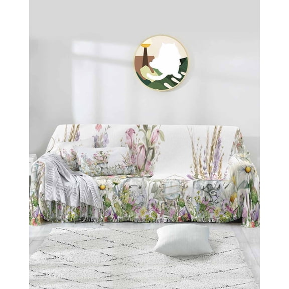 Floral Spring Sofa Covers for 3 Cushion Couch,Washable Sectional & L Shape Couch Covers for Dog/Cat/Kid,Plant Botanical Flower Eucalypus Vase Non Slip Sofa Slipcover Tassel Futon Cover 71x150