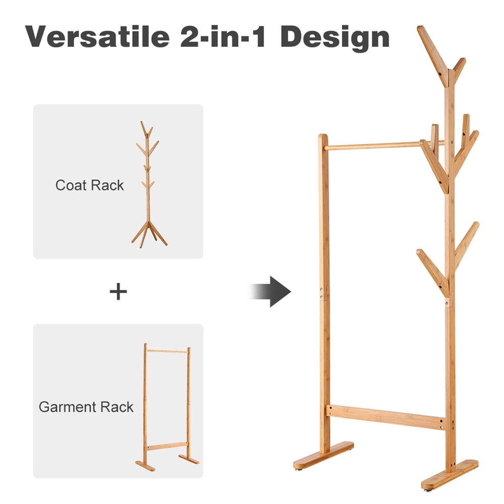 Oxkers Clothes Garment Rack – Wooden Coat Rack Stand with 8 Side Hooks, Single Rail, Holds up to 44 lbs, 25.6" W x 15.7" D x 67" H