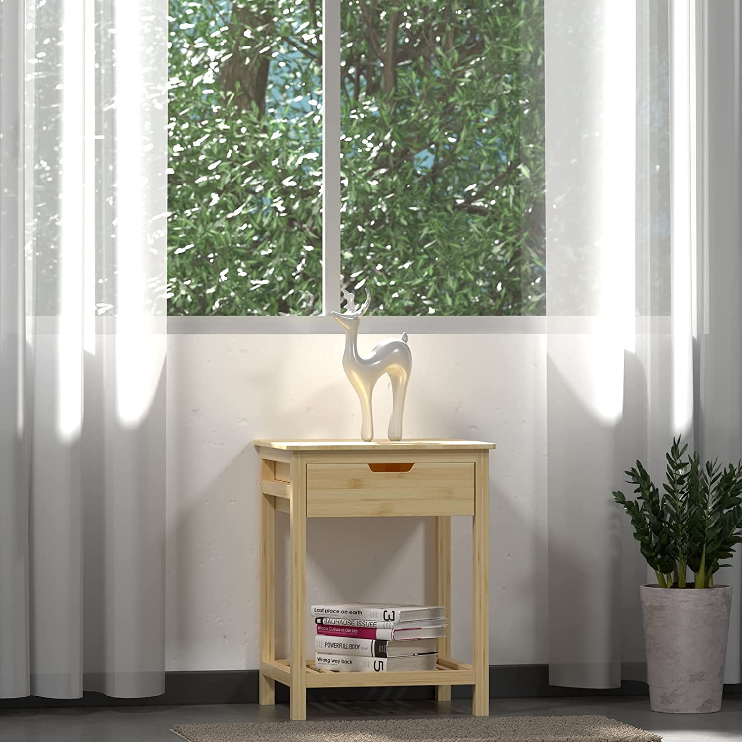 Kadyn Bamboo Side Table, End Table with Storage Shelves, Tall Nightstand Bedside Table for Living Room Bedroom Office, Nature
