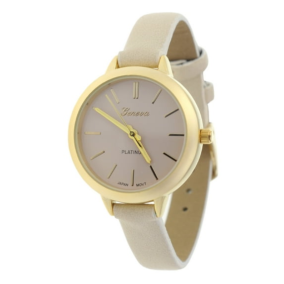 Women's Geneva Japanese Movement Stainless Steel Back Beige/Gold-Tone Faux Leather Slim Band Watch