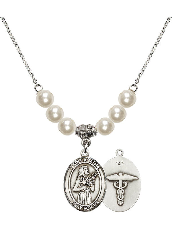 Bonyak Jewelry 18 Inch Rhodium Plated Necklace w/ 6mm Faux-Pearl Beads and Saint Agnes of Rome Charm 