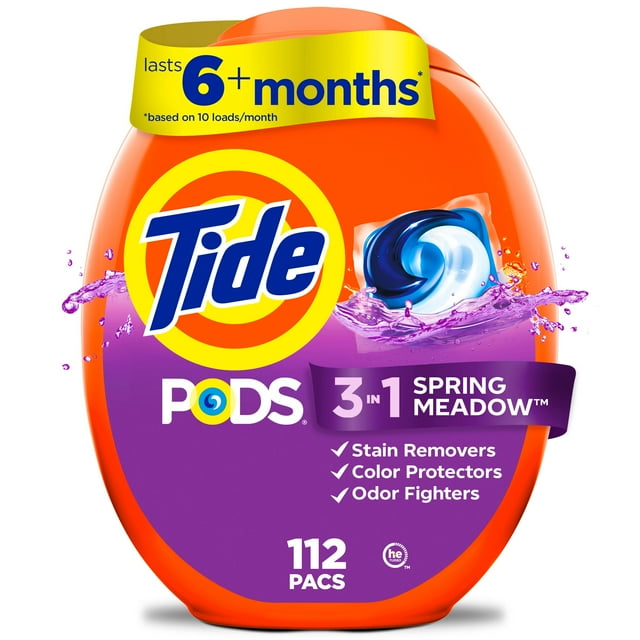 Capsules de détergent à lessive Tide PODS, détachant, éliminateur d’odeurs et protège-couleur 3 en 1, compatible avec les laveuses HE, parfum Prairie fleurie