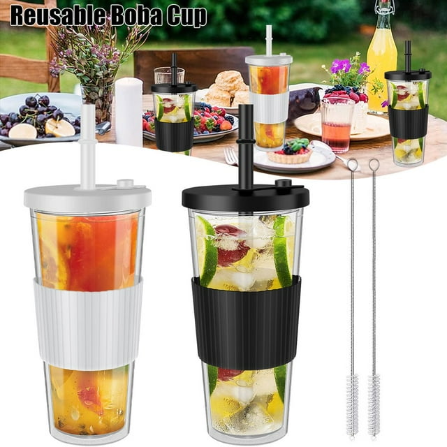 2Pcs Boba Cup Plastic Bubble Tea Cup Leak-Proof Smoothie Tumbler with Lid Reusable Iced Coffee Cup with Straw Portable Mug 700ml for Bubble Tea Cold Drink Iced Coffee Juice